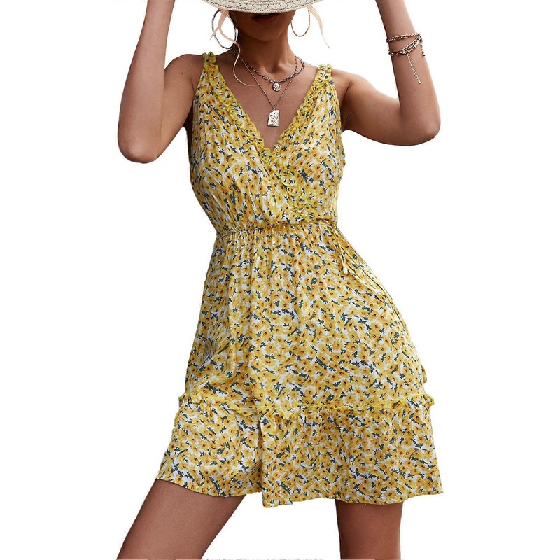 White Yellow Sleeveless Floral Dress – Ruffle Hem Backless Wrap V-Neck Short Casual Summer Outfit, S | Fruugo SG