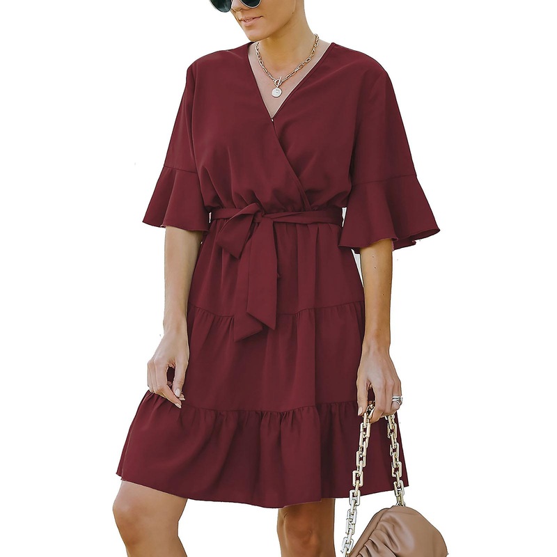 Wine Red Tiered Tie Waist Dress – V-Neck Loose Comfortable Short Sleeve Summer Business Outfit, S | Fruugo SG