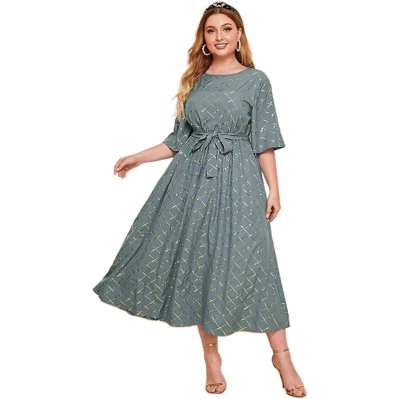 Women 3/4 Flare Sleeve Crewneck Metallic Diamond Plaid Belted Long Swing Dress  XXXXL | Fruugo SG