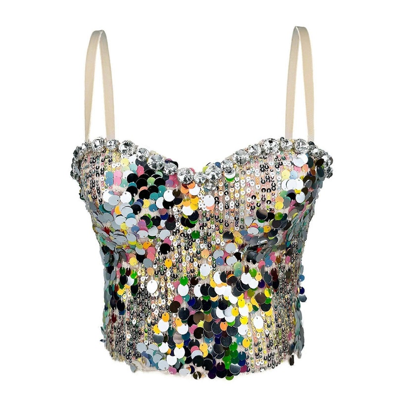 Women Adjustable Spaghetti Straps Bustier Crop Top Colorful Sequins Rhinestones Fishbone Push Up Bodycon Corset Camisole  XL | Fruugo SG