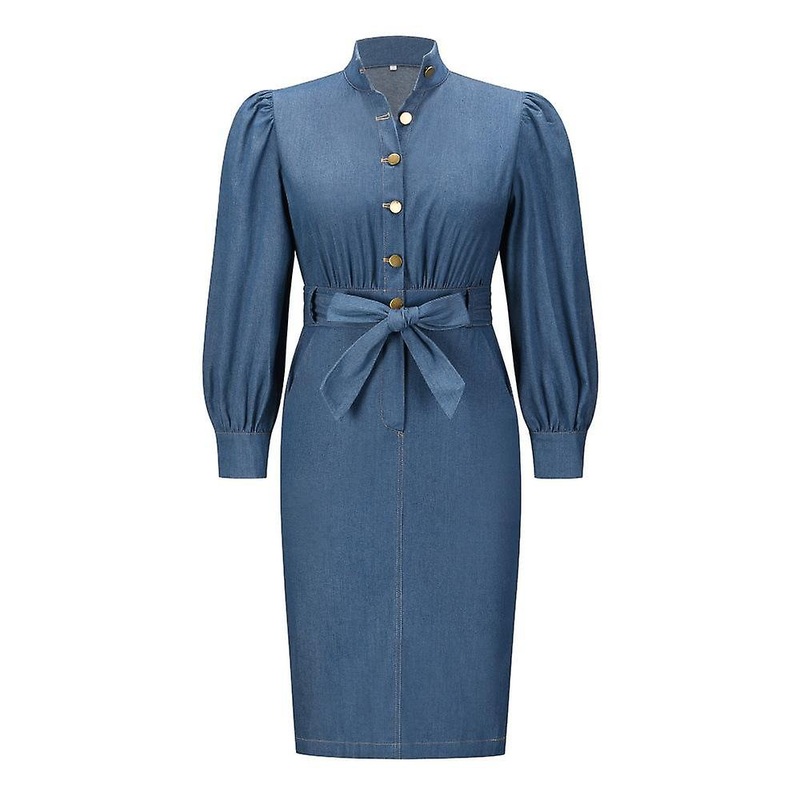 Women Autumn Winter Stand Collar Long Sleeve Denim Retro Solid Color Dress S-xxl | Fruugo SG