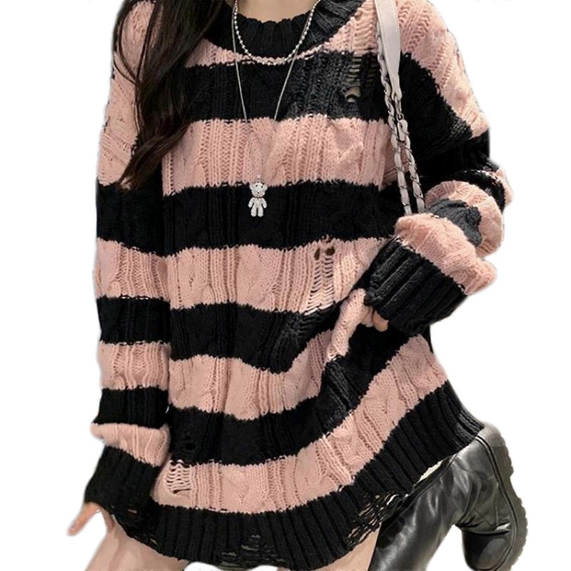 Women Chunky Cable Knitted Long Sleeve O-Neck Sweater Dress Gothic Punk Striped Ripped Hole Loose Pullover Jumper Top  black powder | Fruugo SG
