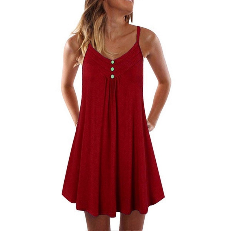Women Dress V Neck Button Front Sleeveless Spaghetti Strap Pure Color Summer Dress for Female Wine Red XL | Fruugo SG