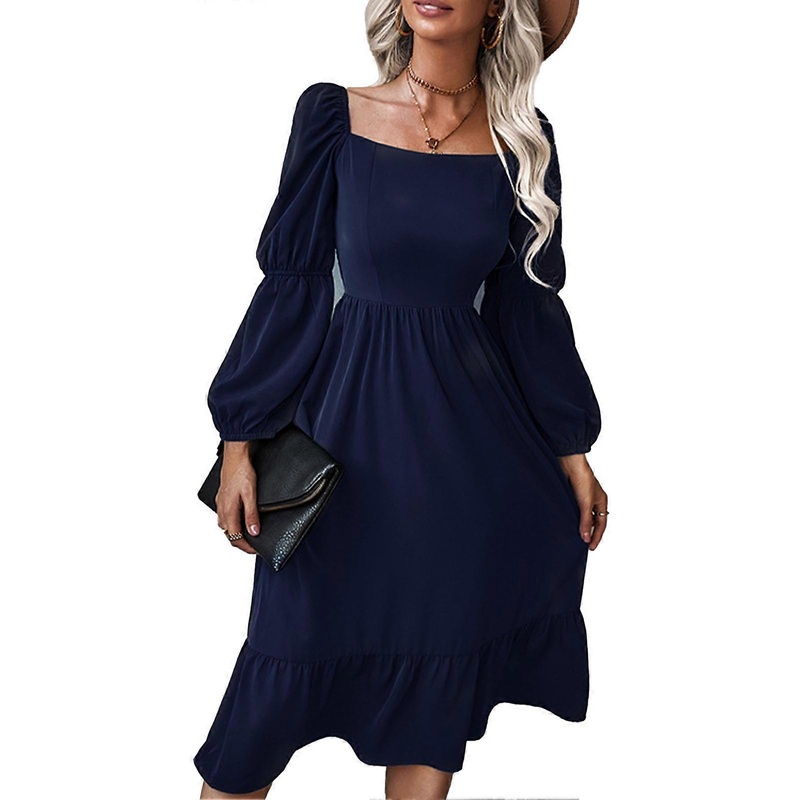 Women Lantern Sleeves Dress Square Neck Elastic Back Ruffle Stitching Pure Color A Line Casual Flowy Dress Navy Blue XL | Fruugo SG