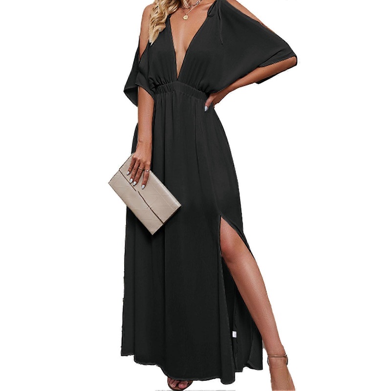 Women Long Dress Deep V Neck Flowy Chiffon High Split Elegant Summer Dress for Female | Fruugo SG