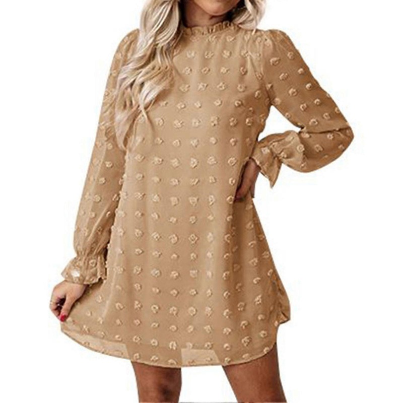 Women Long Sleeve Dress Elegant Sweet Dot A Line Summer Autumn Casual Loose Fashion Party Cloth Khaki S | Fruugo SG