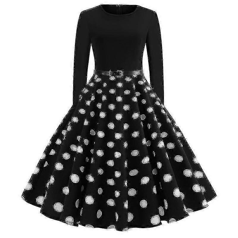 Women Retro 50s 60s Long Sleeve Cocktail Party Crew Neck Polka Dot Rockabilly Dress | Fruugo SG