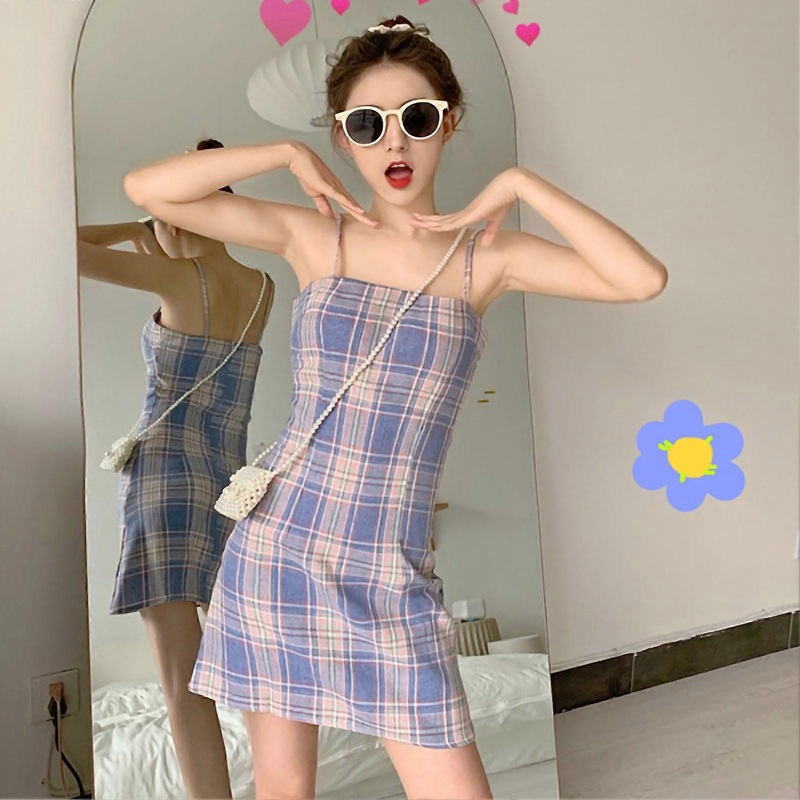 Women’s Spaghetti Strap Slim Dress | Plaid Printed Skintight Short Dress for Summer | XL | Fruugo SG