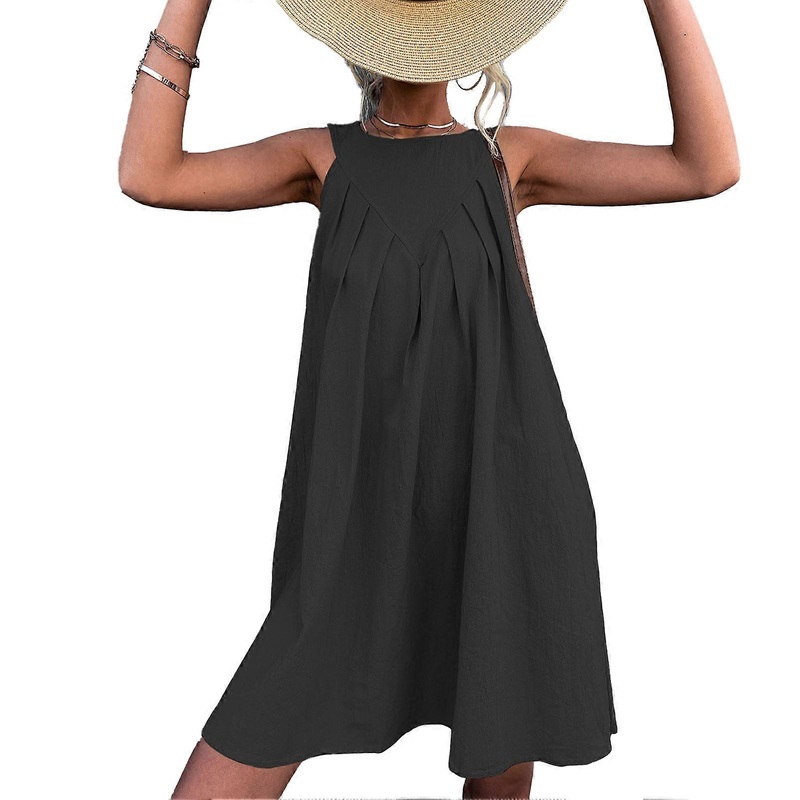 Women Sleeveless Dress Round Collar Ruched Bust Back Button Closure Summer Casual Dress Black M | Fruugo SG