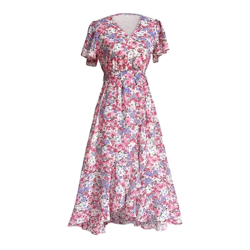 Women Summer Short Sleeve Wrap V-Neck Maxi Long Dress Boho Vintage Floral Print Belted High Low Asymmetric Ruffle Hem Sundress  Pink XL | Fruugo SG