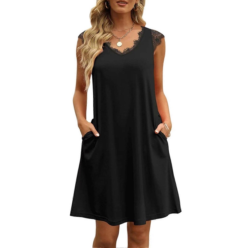 Women V Neck Dress Lace Stitching Side Pockets Pure Color Loose Hem Casual Short Dress Black XL | Fruugo SG
