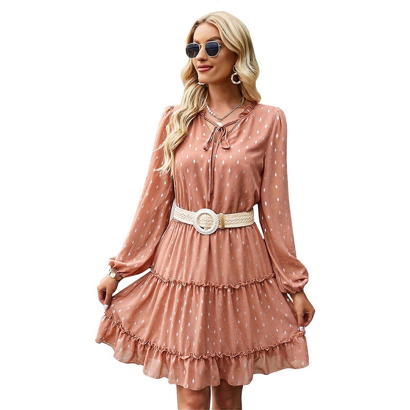 Womens A-Line Flowy Short Dress V-Neck Drawstring Puff Long Sleeve Polka Dot Casual Loose Tiered Ruffled Swing Dresses  Champagne S | Fruugo SG