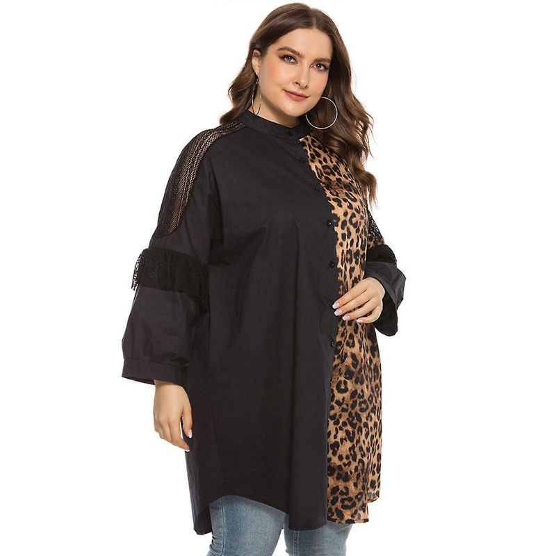 Womens Midi Long Shirt Dress Colorblock Leopard Print Casual Loose Lace Stiching Long Sleeve Button Down Tunic Blouse  Black L | Fruugo SG
