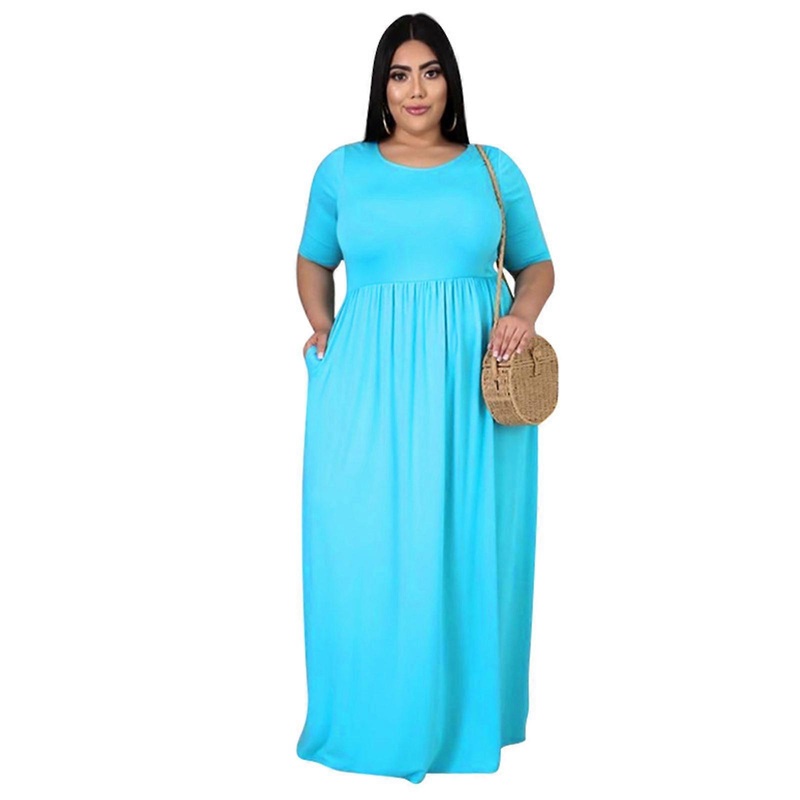 Womens Round Neck Maxi Dress Simple Solid Color Side Pockets Casual Half Sleeve Pleated High Waist Flared Hem Sundress  Blue XXXL | Fruugo SG