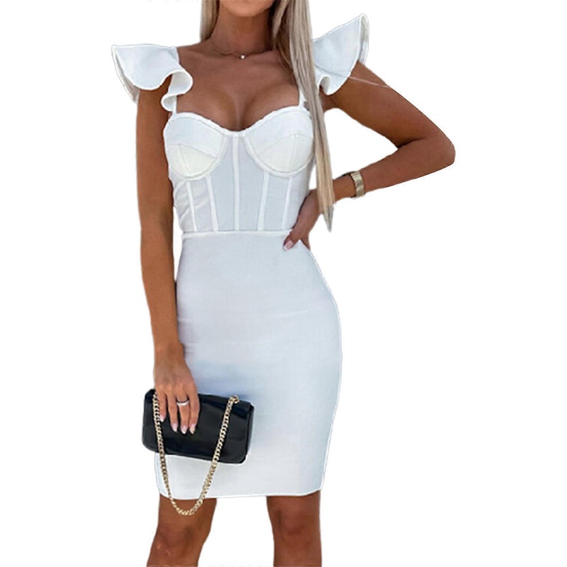Womens Solid Dress Fishbones Backless Short Flying Sleeves Split Outfits Ruffle Mini Dress Bodycon High Waist Outfit  White XL | Fruugo SG