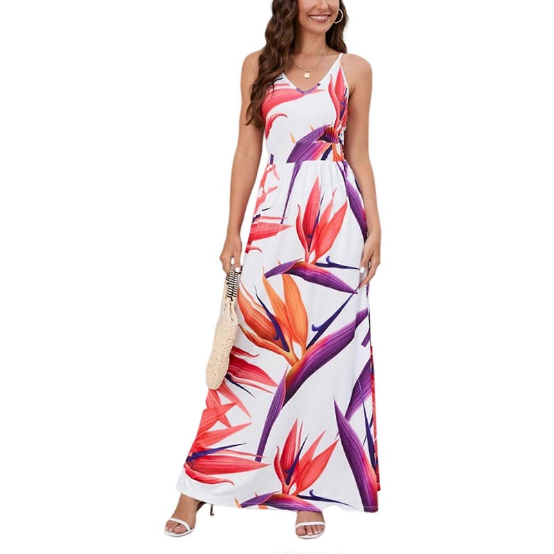 Womens Summer Spaghetti Strap V-Neck Dresses Floral Print Sexy Sleeveless High Waisted Party Club Cocktail Dress  White XL | Fruugo SG