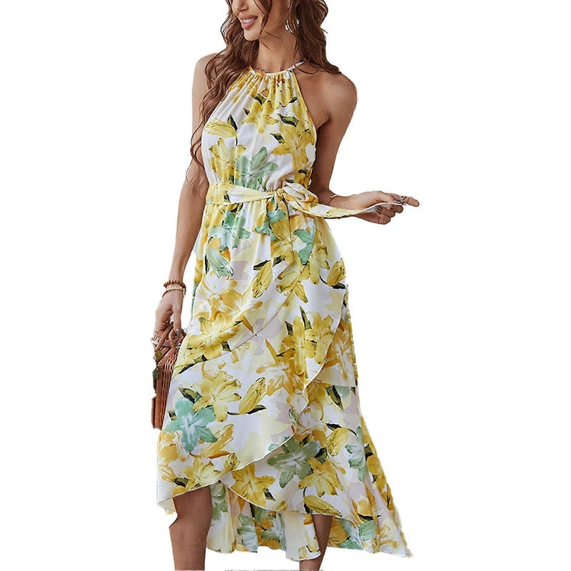 Yellow Floral Lace-Up Sleeveless Slip Dress – Ruffled Hem Party Dancing Outfit, M | Fruugo SG