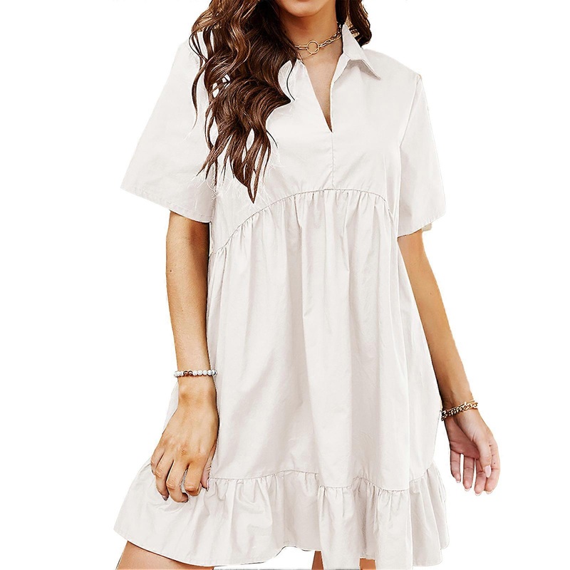 Dress Short Sleeve V Neck Lapel Pure Color Flowy Hem Comfortable Fashionable Dress for Women White M | Fruugo SG