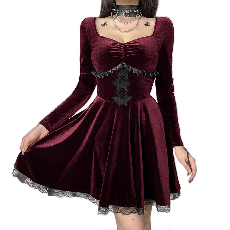 Fashion Long Sleeves Dress Goth High Waist Corset Dress Black Lace Tirm Mini Dress Autumn Winter Party Dresses for Women  Burgundy S | Fruugo SG