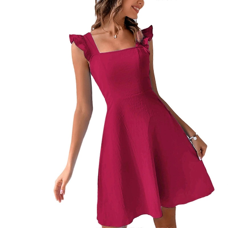 Fashionable and Versatile Tank Dress Sleeveless Ruffle Trim Tie Back Casual Streetwear for Women  Burgundy XS | Fruugo SG