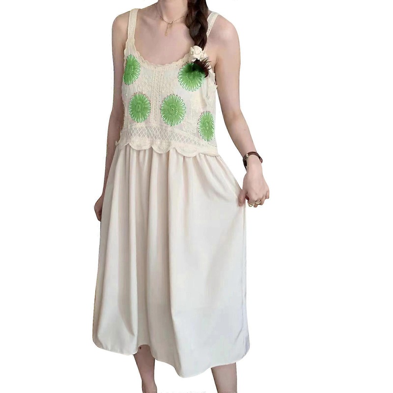 Floral Crochet Knit Spaghetti Strap Scoop Neck Loose Long Dress for Women Holiday Embroidery High Waist Midi Flowy Dress  Green | Fruugo SG