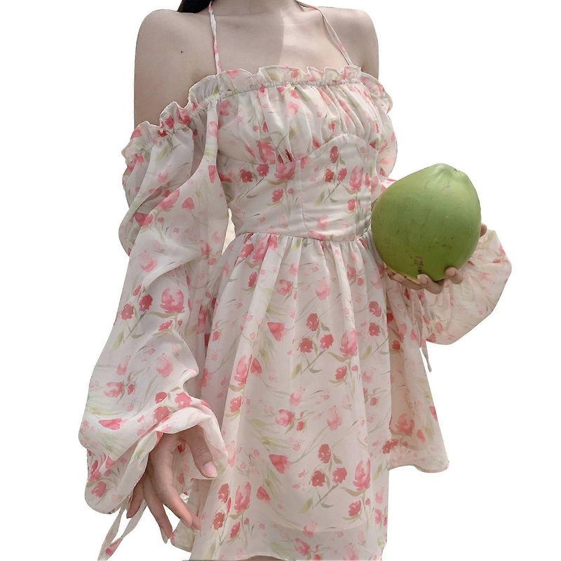 Long Puff Sleeve Off Shoulder Halter Dress Women Elegant Floral Print Frill Trim Ruched Bust Dress | Fruugo SG