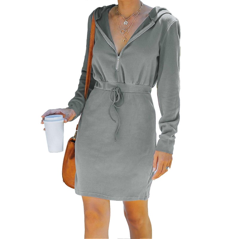Long Sleeve Hooded Sweatshirt Zip Closure Waist Drawstring Design Women Casual Hooded V Neck Dress | Fruugo SG