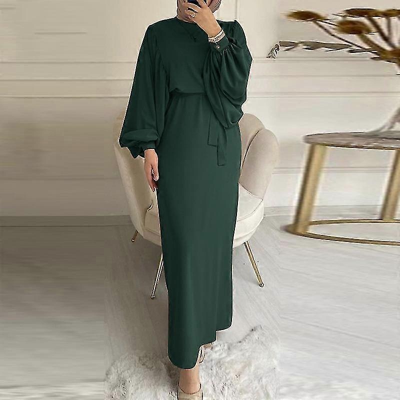 Muslim Ladies Dress Fashion Lantern Sleeve Tunic Hip Round Neck Robe | Fruugo SG