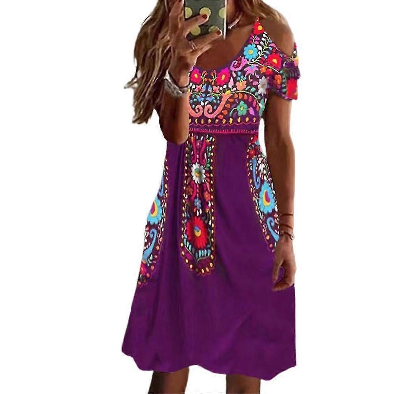 Plus Size Bohemian Women Cold Shoulder Short Sleeve Dress | Fruugo SG