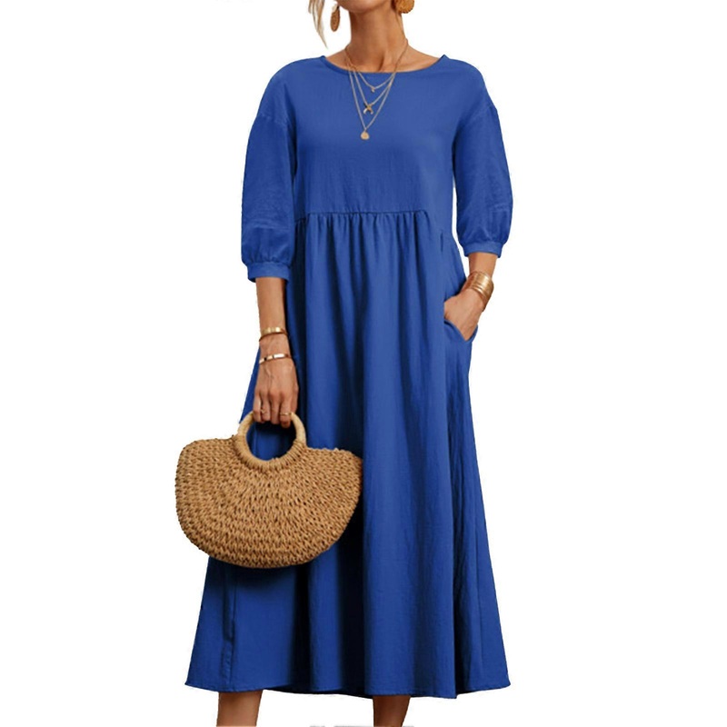 Round Neck Dress Three Quarter Balloon Sleeves Pure Color Loose Pocket Design Casual Women Dress Blue S | Fruugo SG
