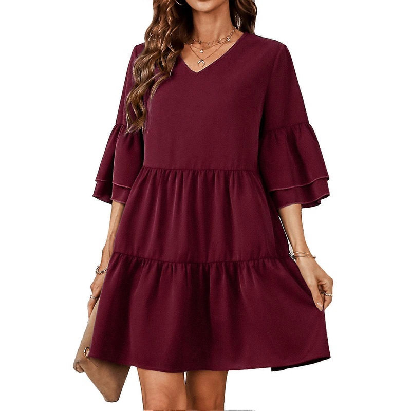Ruffle Dress V Neck Pure Color Fashionable Stitching Elegant Casual Fit Short Women Ruffle Dress for Dating | Fruugo SG
