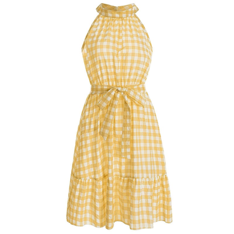 Sexy Halter Collar Women Midi Dress Keyhole Back Empire Waist Sleeveless Plaid Flowy Hem Beach Holiday Party Sundress  Yellow XL | Fruugo SG