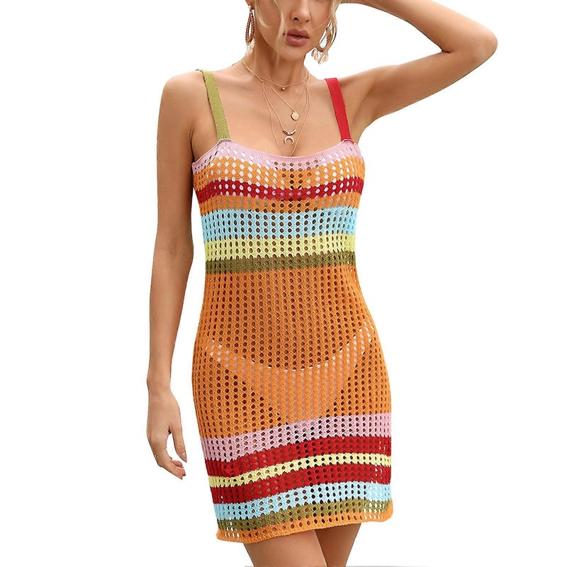 Sleeveless Knitted Hollow Out Dress Colorful Stripe Patchwork Backless Fashionable Beach Bikini Dress for Summer Orange M | Fruugo SG