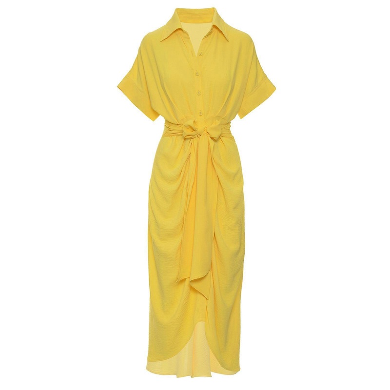 Summers Women Lapel Under Knee Length Dresses High-waisted Button Down V-Neck Sexy Dresses for Office Daily Working  Yellow M | Fruugo SG