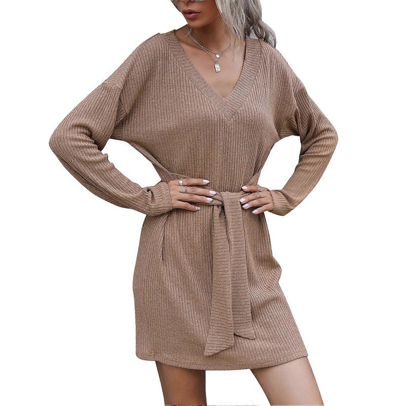 Woman Knit Sweater Dress V Neck Loose Polyester Long Sleeve Autumn Short Pure Color Tie Waist Pullover Dresses for Daily Khaki S | Fruugo SG