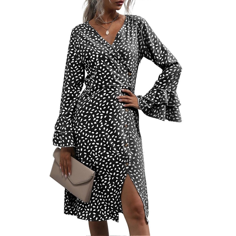 Women Button Down Dress Cross V Neck Flared Lace Long Sleeve Split Hem Slim Fit A Line Dress for Daily Life Black S | Fruugo SG