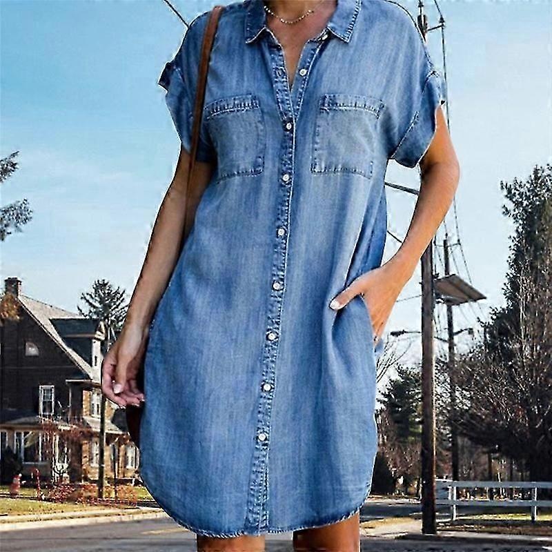 Women Denim Shirt Dresses Short Sleeve Distressed Jean Dress Button Down Casual Tunic Top | Fruugo SG