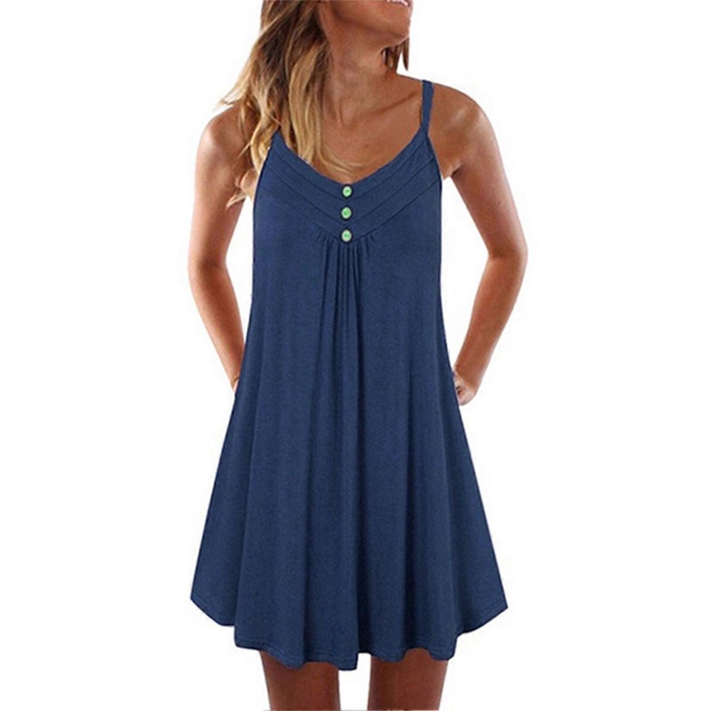 Women Dress V Neck Button Front Sleeveless Spaghetti Strap Pure Color Summer Dress for Female | Fruugo SG