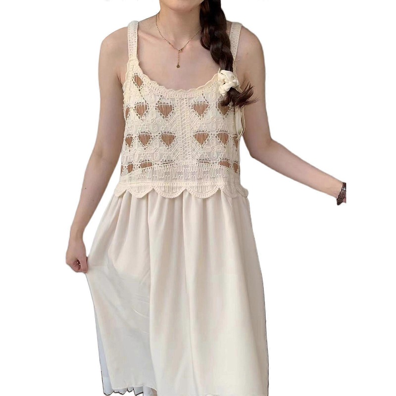 Women Ethnic Style Crochet Dress Casual Spaghetti Strap Dress Sweet Sleeveless Holiday Dress Loose Summer Party Dress  apricot | Fruugo SG