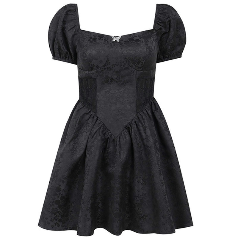 Women Goth Puff Short Sleeve A-Line Mini Swing Dress Square Neck Sexy Lace Patchwork High Waist Black Floral Streetwear  L | Fruugo SG