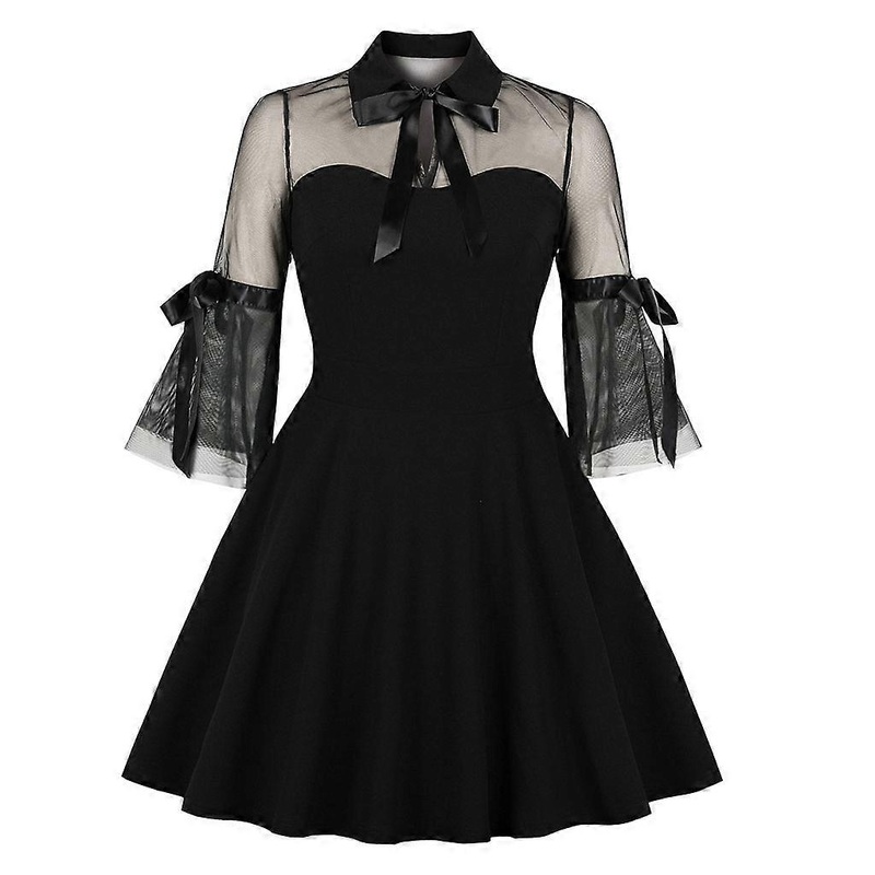 Women Gothic Bell Sleeves Black Swing Short Dress Sexy See-Through Mesh Patchwork Vintage Bow Knot Cocktail Party Clubwear S-2XL  XL | Fruugo SG