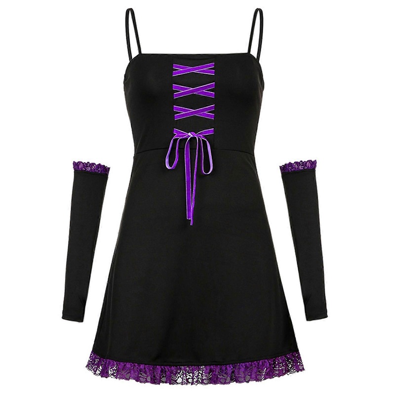 Women Gothic Sexy Spaghetti Strap Slim Mini Dress with Arm Sleeves Ruffled Lace Trim High Waist Bandage Front Vintage Streetwear  M | Fruugo SG
