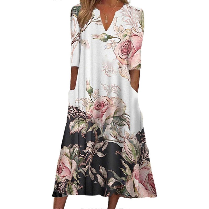 Women Half Sleeve Swing A-Line Vacation Dress Button V-Neck Boho Floral Print Flared Flowy Long Dresses with Pockets  pink rose L | Fruugo SG