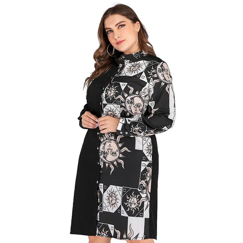 Women Midi Shirt Dress Long Sleeve Stand Collar Button Contrast Color Moon Print Stitching Blouse Office Streetwear  Black XL | Fruugo SG