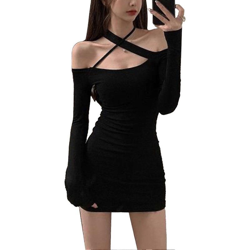 Women Off Shoulder Dress Erogenous Long Sleeved Halter Slim Cut Elastic High Waist Off Shoulder Dress | Fruugo SG