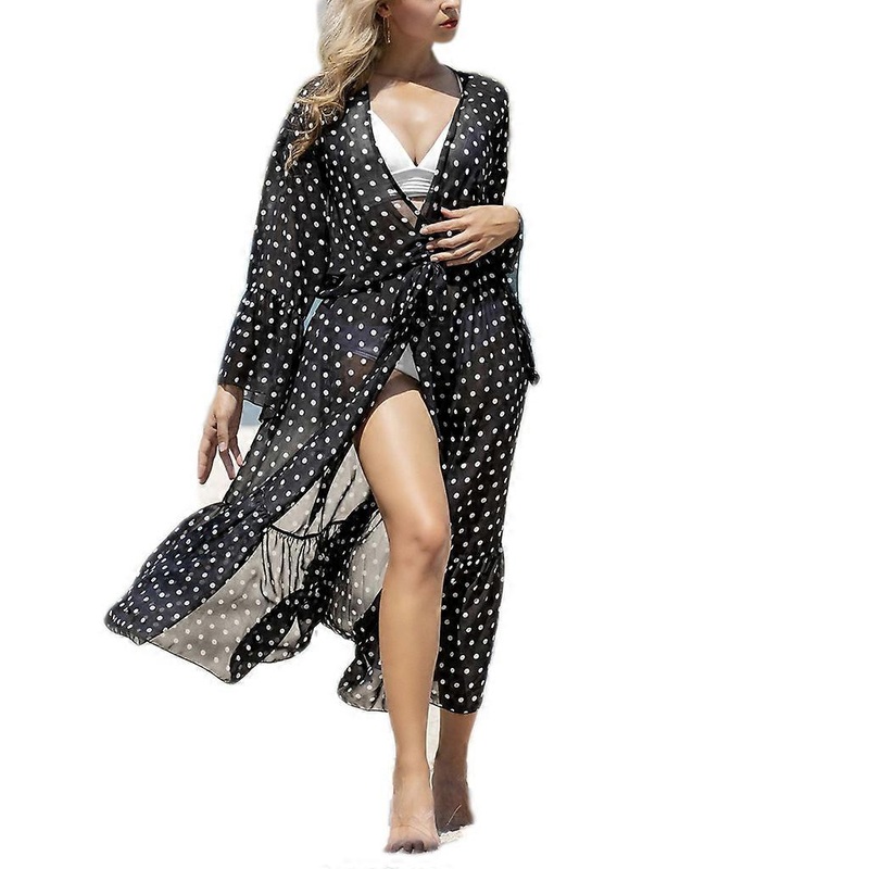 Women Polka Dot Maxi Beach Dress Flare Sleeve Chiffon Cardigan Swimsuit Cover Up  Black background whi | Fruugo SG