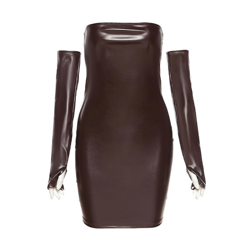 Women Sexy Faux Leather Solid Color Strapless Bodycon Mini Dress with Gloves  Brown XL | Fruugo SG