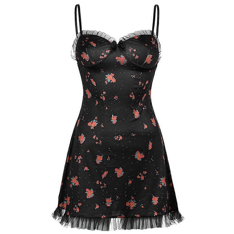 Women Sexy Sleeveless V-Neck Vintage Floral Print Ruffles Mesh Trim Mini Dress | Fruugo SG
