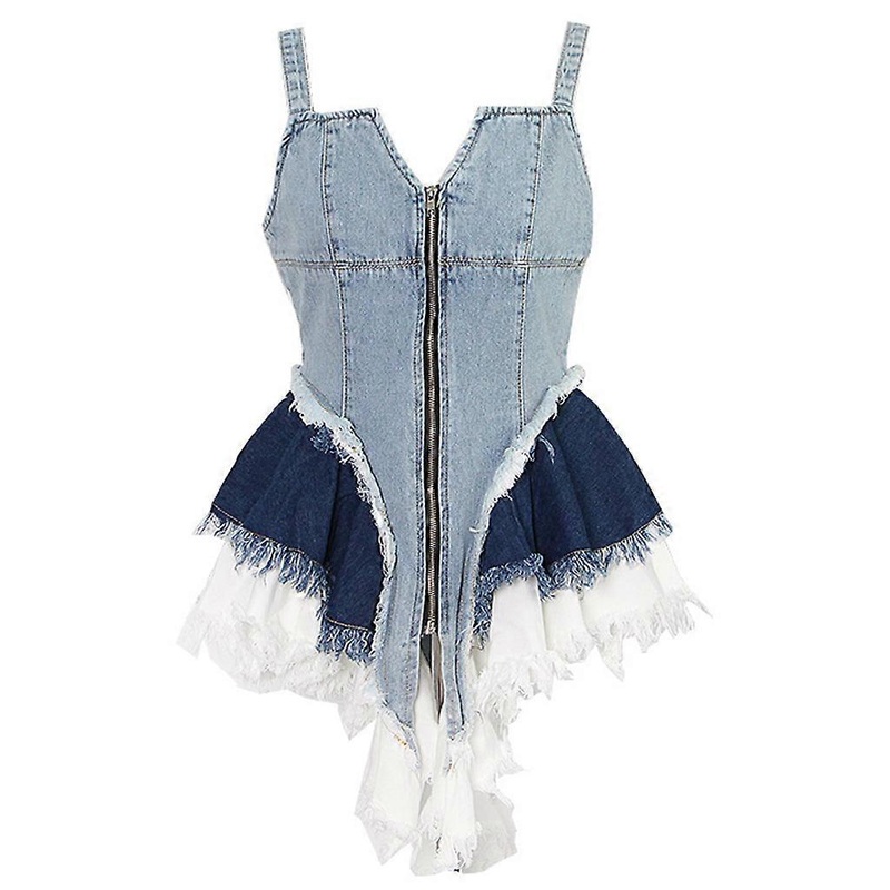 Women Sexy Sleeveless V-Neck Zip Front Denim Mini Dress Contrast Color Layered Pleated Asymmetrical Tassel Streetwear | Fruugo SG