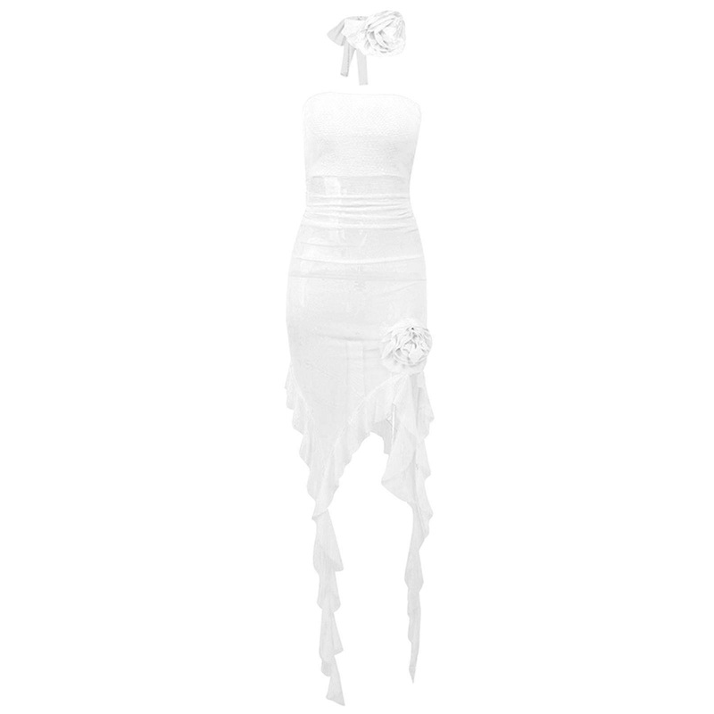 Women Sheer Mesh Dress Sexy See Through Bodycon Dress Female Ruffle Tassels Fairy Dress Flower Waist Wrapping Dress Ins  White M | Fruugo SG